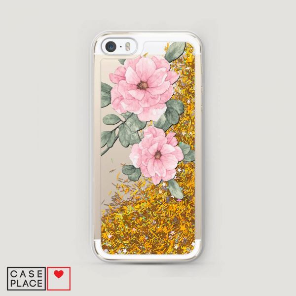Glitter Liquid Case Watercolor Pink Flowers for iPhone 5/5S/SE